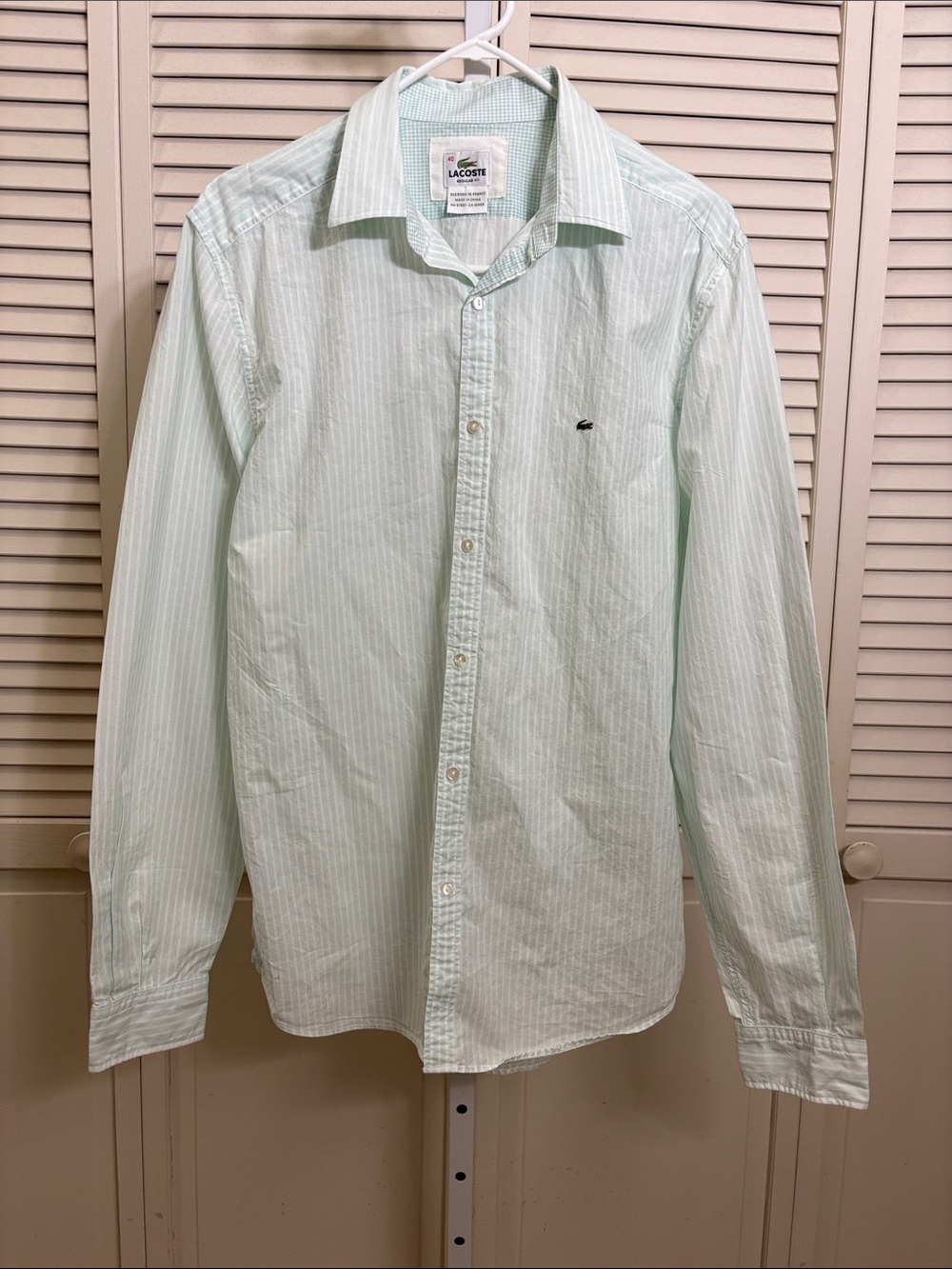Lacoste Men's Pale Mint Green Striped Cotton Button-Up Shirt Medium (40)